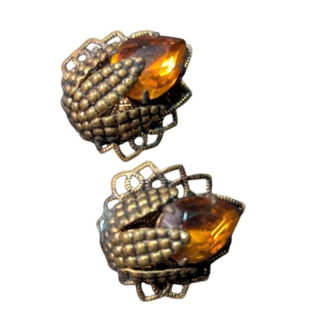 Vintage Germany Amber Glass Brass Filigree Clip On Earrings Textured Bronze Tone